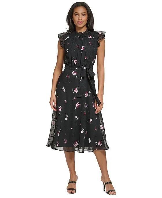 Women's Floral-Print Clip-Dot Midi Dress