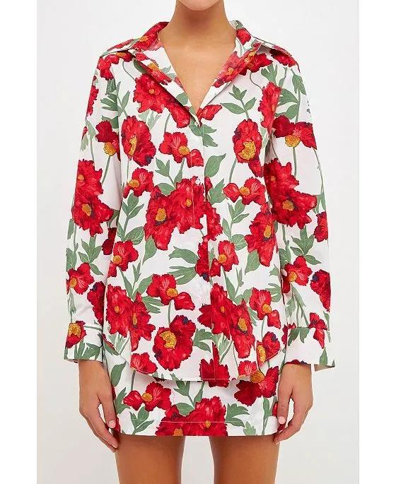 Women's Floral Print Cotton Shirt