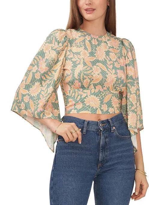 Women's Floral-Print Cropped Bell-Sleeve Top