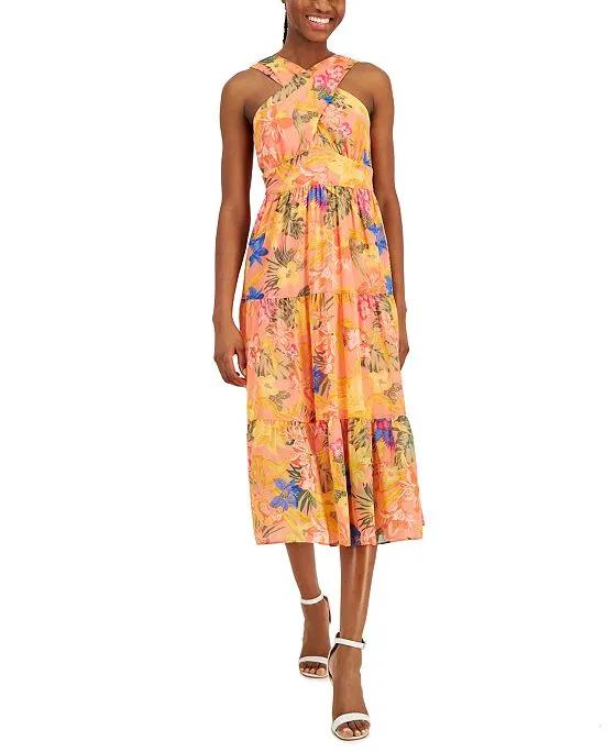 Women's Floral-Print Crossover-Neck Midi Dress