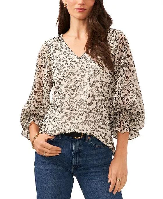 Women's Floral-Print Cuffed-Sleeve Blouse