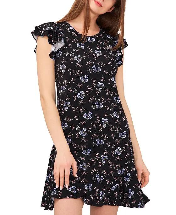 Women's Floral-Print Double-Ruffle-Sleeve Knit Dress