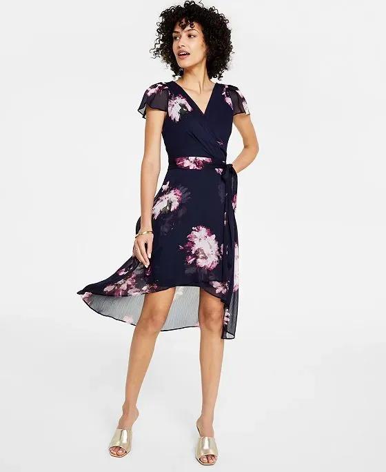 Women's Floral-Print Faux-Wrap Flutter-Sleeve Dress