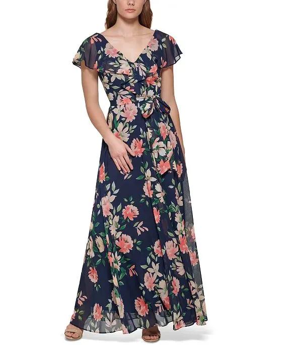 Women's Floral-Print Flutter-Sleeve Chiffon Dress