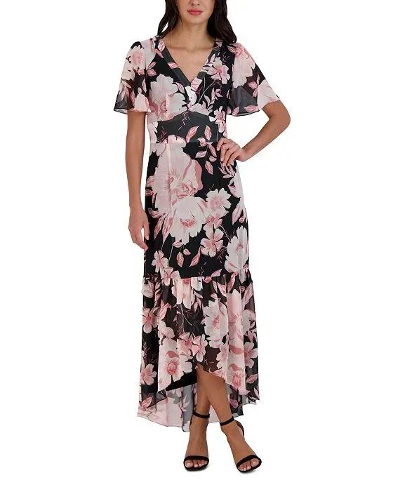 Women's Floral-Print Flutter-Sleeve Maxi Dress