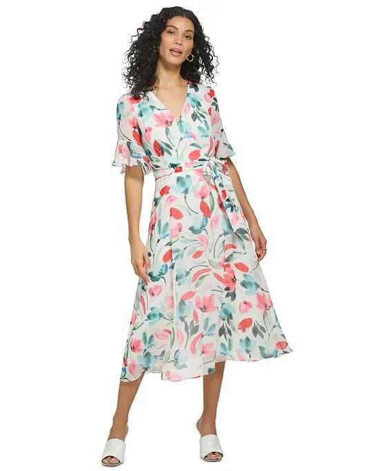Women's Floral-Print Flutter-Sleeve Midi Wrap Dress