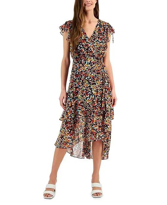 Women's Floral-Print Flutter-Sleeve Ruched Midi Dress