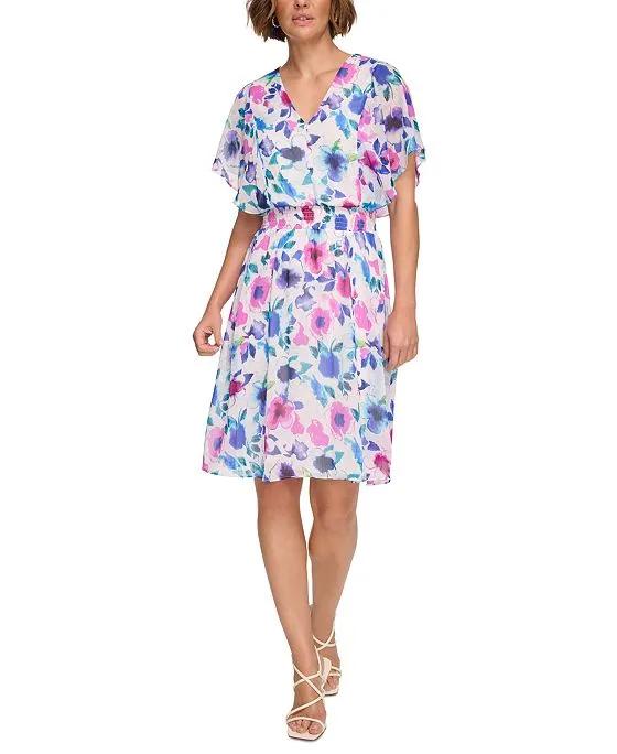 Women's Floral-Print Flutter-Sleeve Smocked-Waist Dress