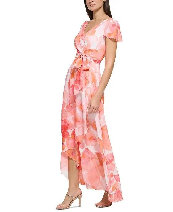 Women's Floral-Print Flutter-Sleeve Wrap Gown