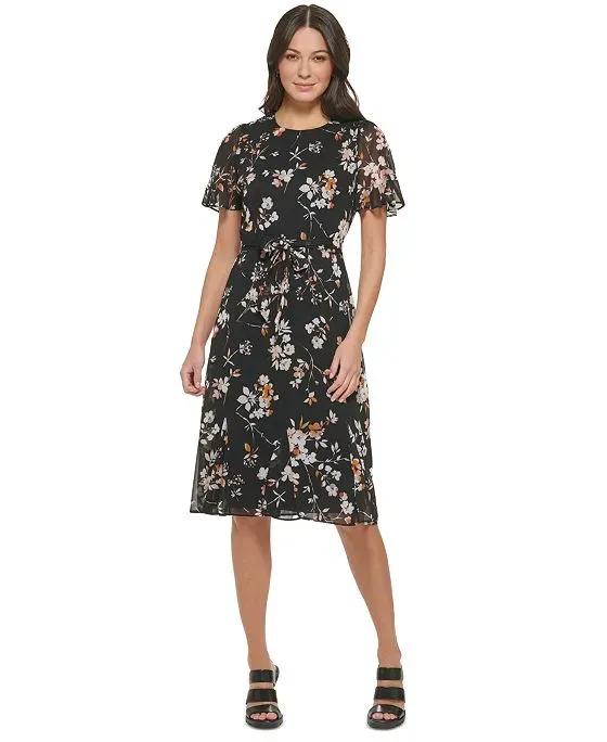 Women's Floral-Print Godet-Trim Sheath Dress
