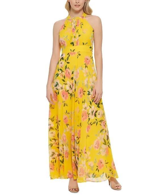 Women's Floral-Print Halter Chiffon Dress
