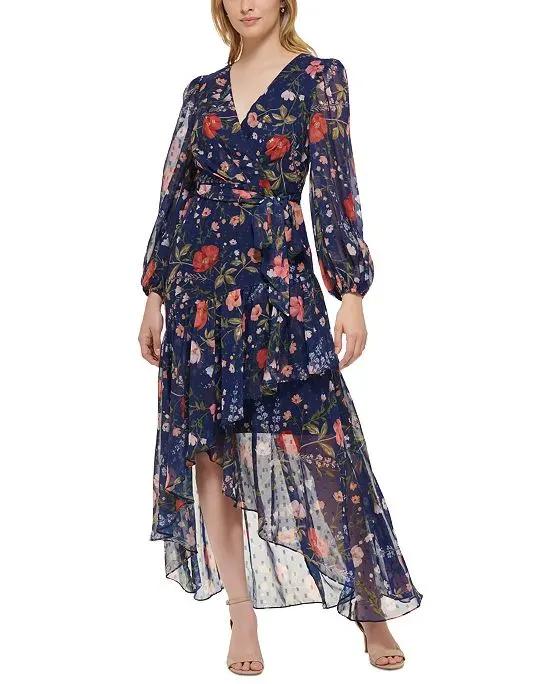 Women's Floral-Print High-Low Clip-Dot Dress
