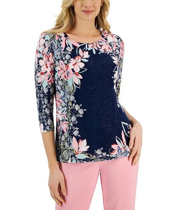 Women's Floral-Print Jacquard 3/4-Sleeve Top, Created for Macy's