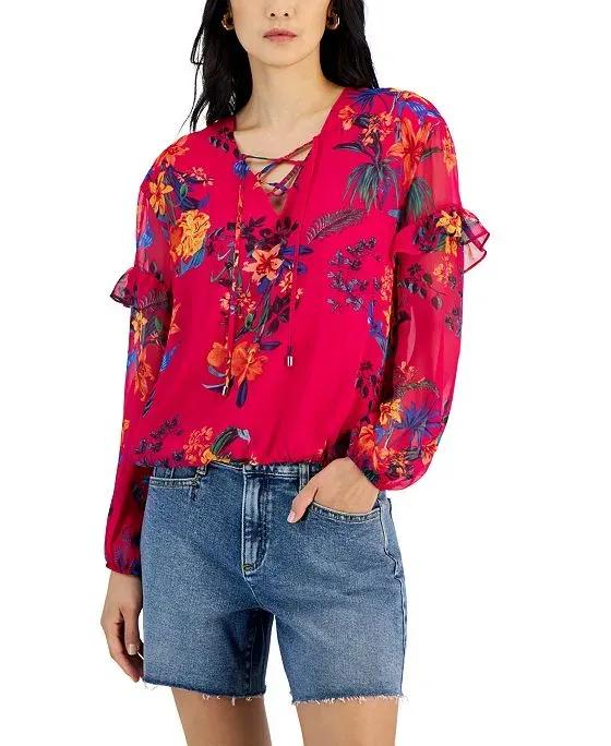 Women's Floral-Print Lace-Up Blouse, Created for Macy's