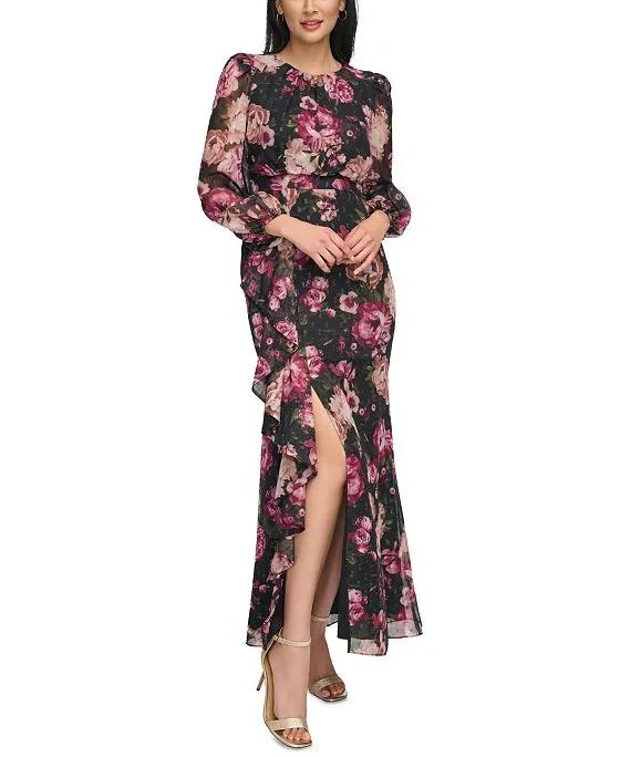 Women's Floral-Print Long-Sleeve Cascade Maxi Dress