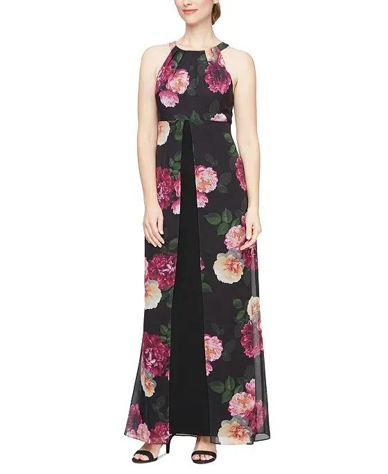 Women's Floral-Print Overlay Maxi Dress