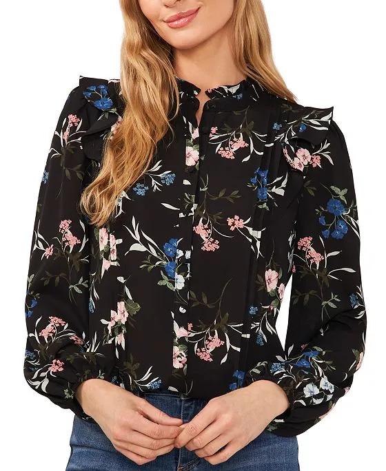 Women's Floral-Print Pin-Tuck Long-Sleeve Top