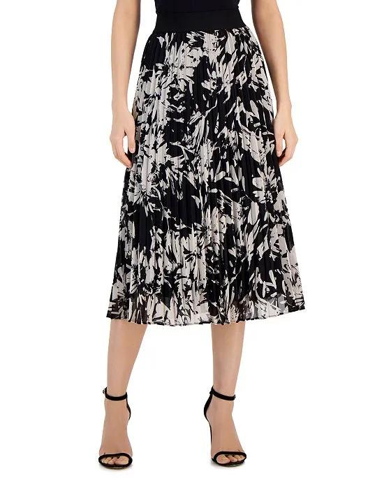 Women's Floral-Print Pleated Pull-On Midi Skirt, Created for Macy's
