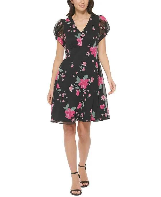 Women's Floral-Print Puff-Sleeve A-Line Dress