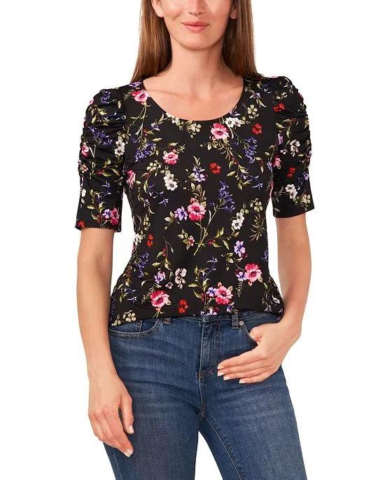Women's Floral-Print Ruched Elbow Sleeve Knit Top
