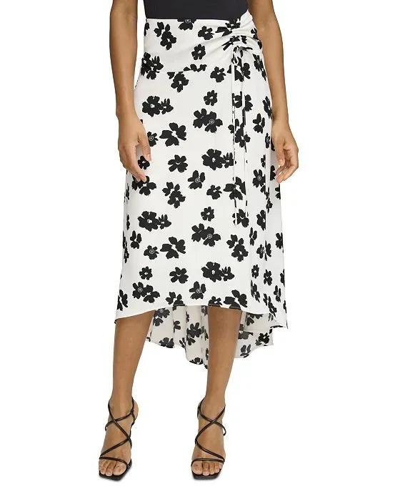 Women's Floral-Print Ruched Midi Skirt