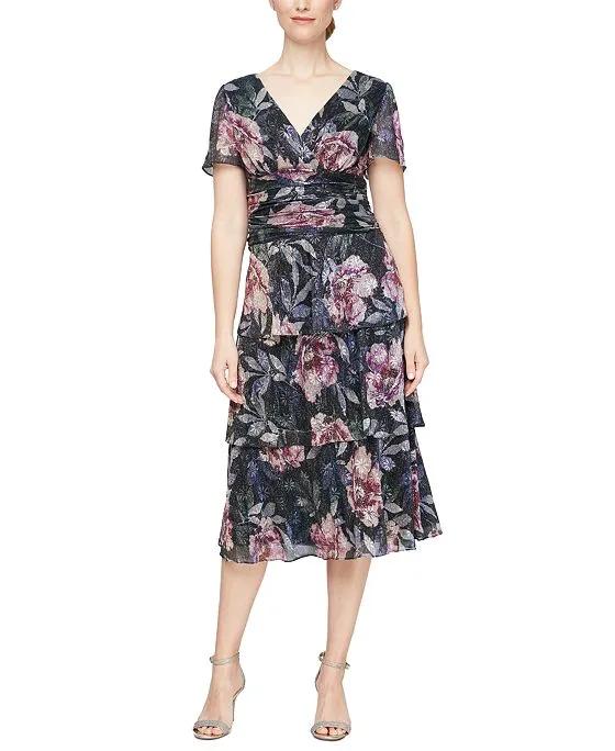 Women's Floral-Print Ruched-Waist Flutter-Sleeve Tiered Dress