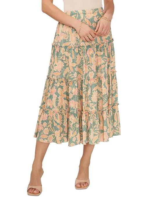Women's Floral-Print Ruffle-Trim Midi Skirt