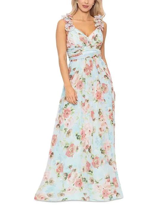 Women's Floral-Print Ruffled Lace-Up Gown