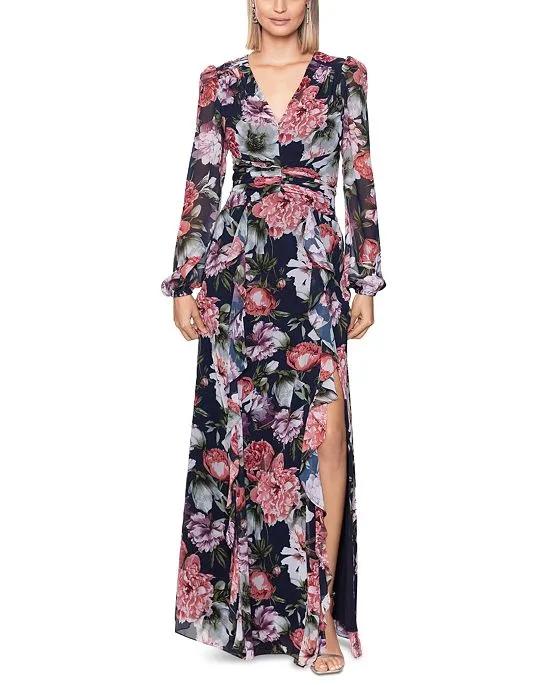 Women's Floral-Print Ruffled Long-Sleeve Gown