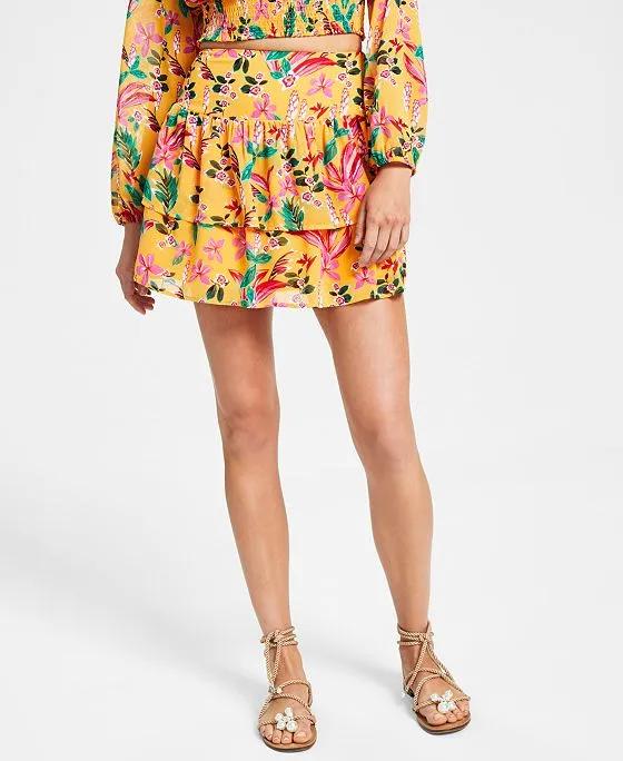 Women's Floral-Print Ruffled Pull-On Mini Skirt, Created for Macy's