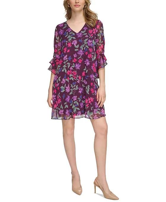 Women's Floral-Print Ruffled Shift Dress