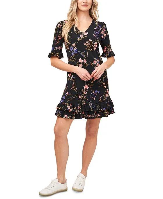 Women's Floral-Print Ruffled Short Sleeve V-Neck Dress