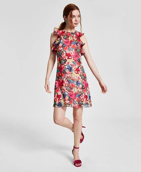 Women's Floral-Print Ruffled-Sleeve Dress