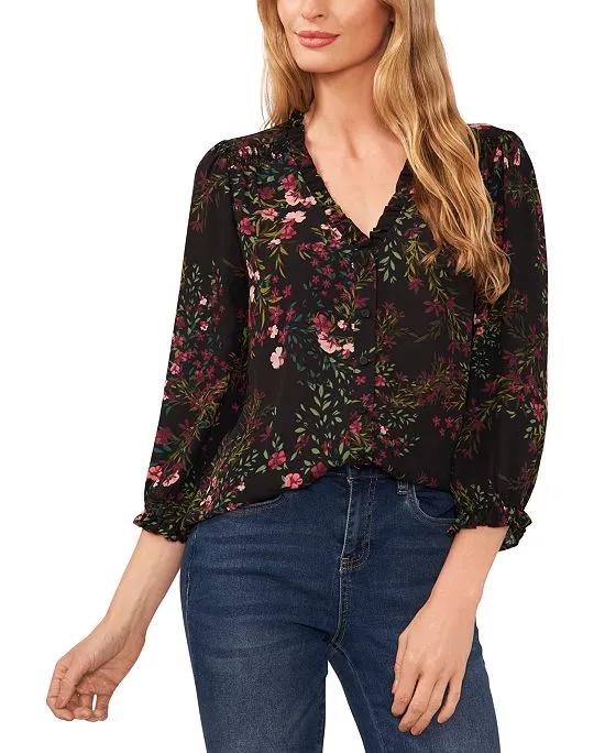 Women's Floral-Print Ruffled V-Neck Button-Front Top