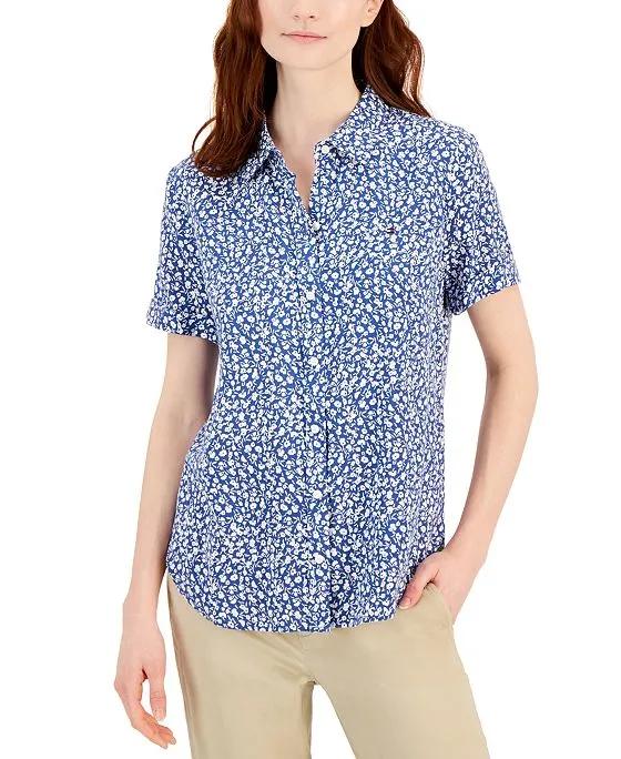 Women's Floral-Print Short-Sleeve Camp Shirt