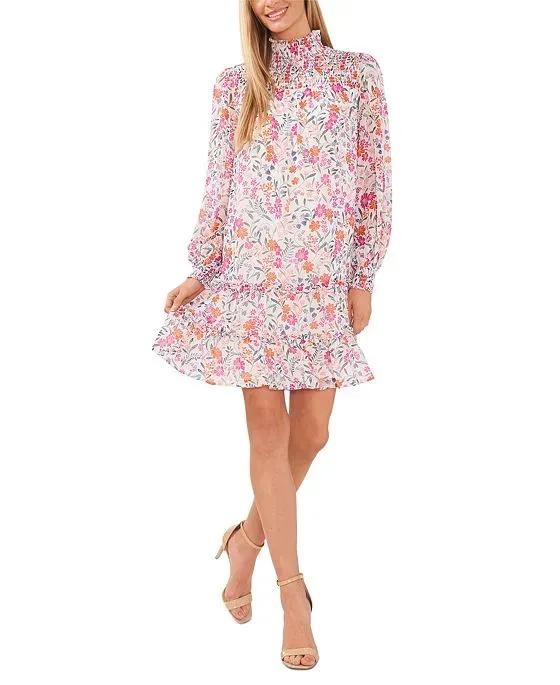 Women's Floral-Print Smocked Blouson-Sleeve Shift Dress