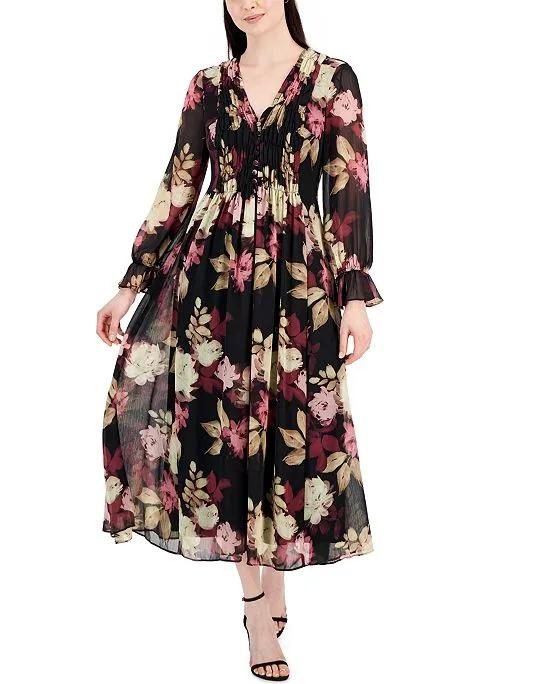 Women's Floral-Print Smocked Button-Front Midi Dress