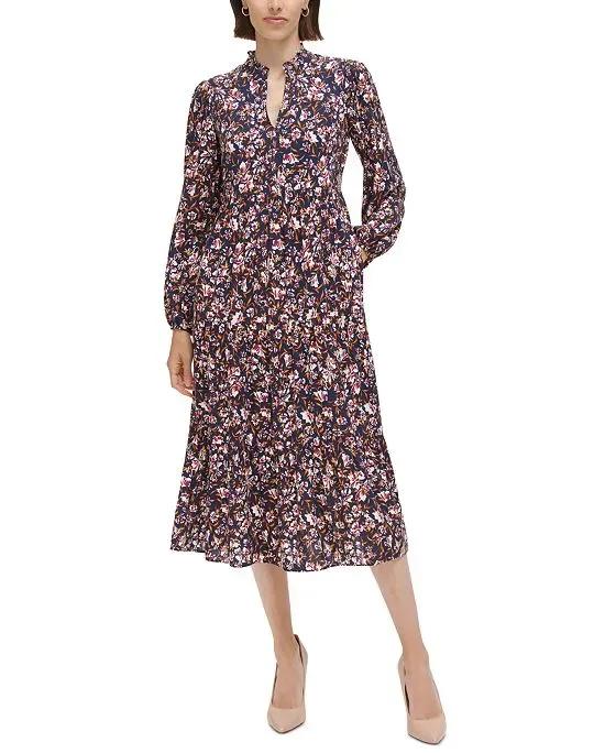 Women's Floral-Print Split-Neck Midi Dress