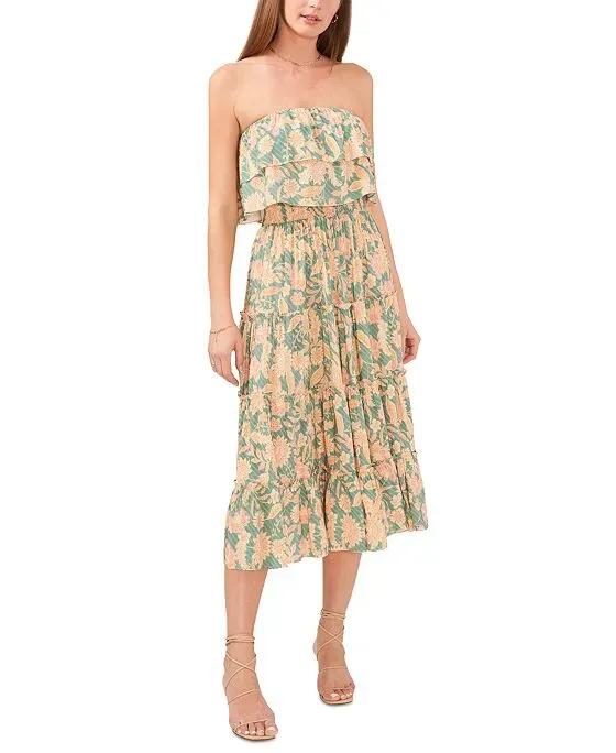 Women's Floral-Print Strapless Ruffle-Tiered Midi Dress