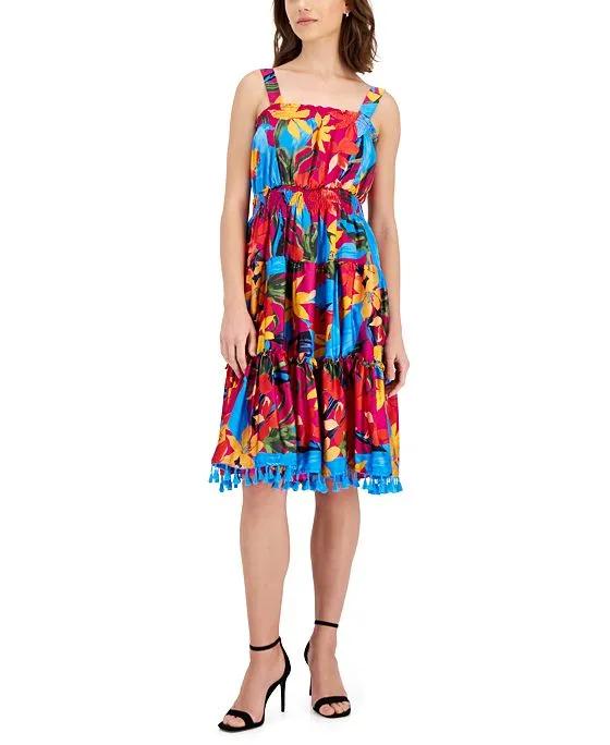 Women's Floral-Print Tassel-Hem A-Line Dress