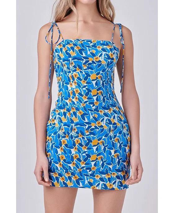 Women's Floral Print Textured Fitted Mini Dress
