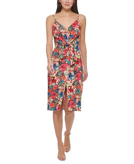Women's Floral-Print Tie-Front Smocked-Back Midi Dress