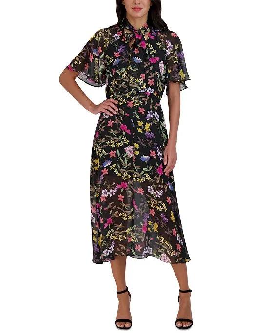 Women's Floral-Print Tie-Neck Midi Dress