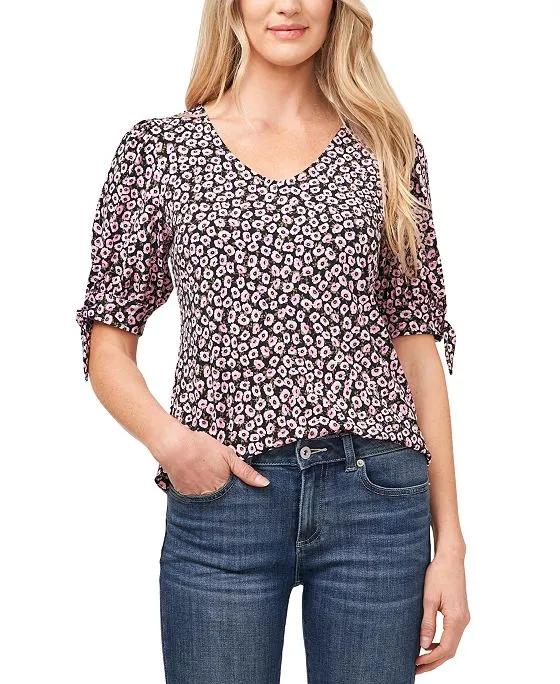 Women's Floral-Print Tie-Sleeve V-Neck Knit Top