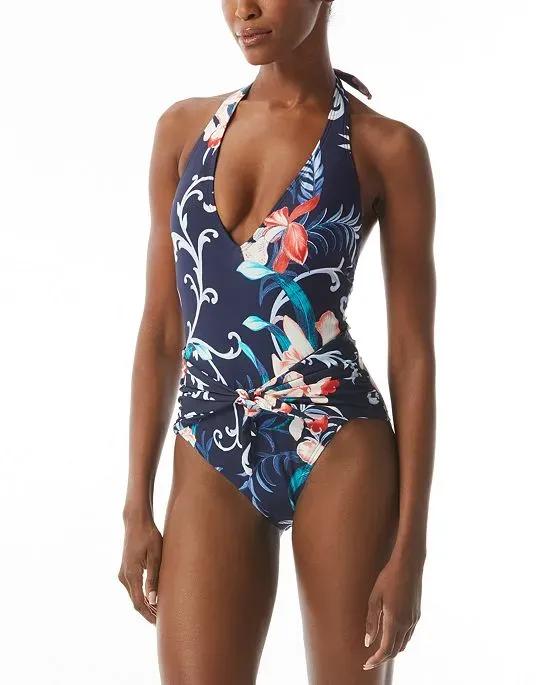 Women's Floral-Print V-Neck Halter One-Piece Swimsuit