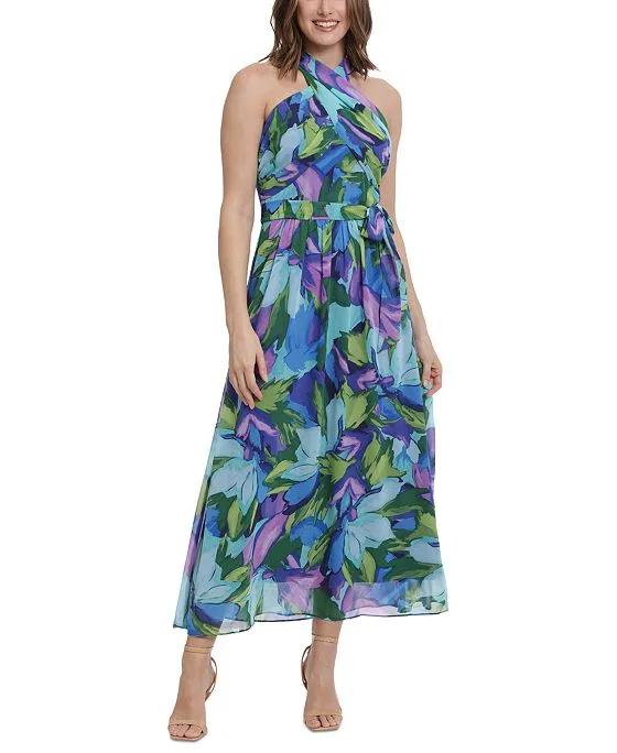 Women's Floral-Print Wrap-Neck Tie-Front Halter Maxi Dress
