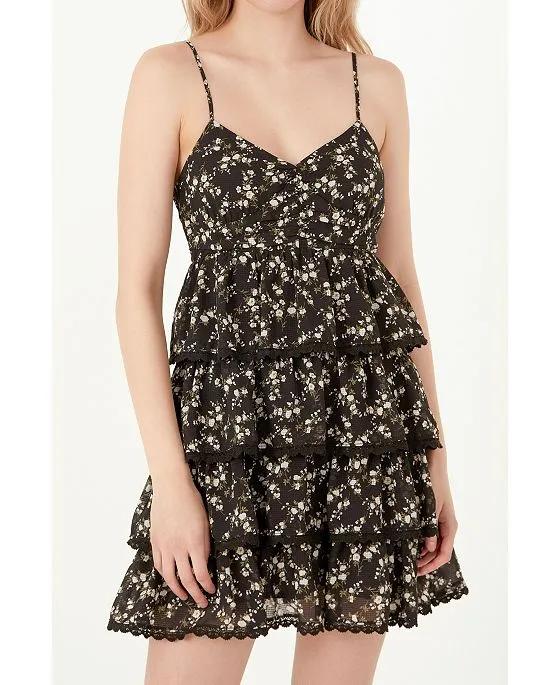 Women's Floral Printed Tiered Mini Dress