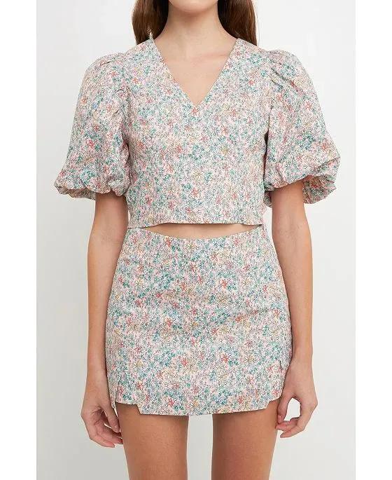 Women's Floral Puff Sleeve Cropped Top
