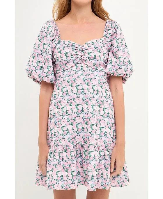 Women's Floral Puff Sleeve Mini Dress