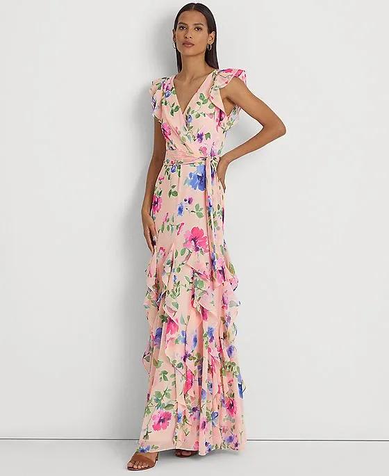Women's Floral Ruffle-Trim Georgette Gown